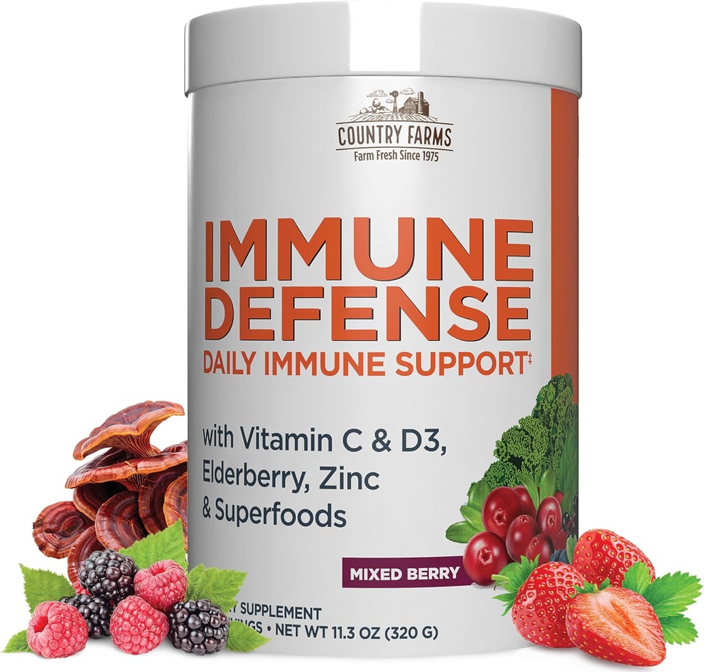 COUNTRY FARMS Immune Defense Superfoods, Immune Support Supplement, Vitamin C med Black Elderberry, Echinacea, Turmeric, støtter Hydration, med probiotika og prebiotika, Berry Flavor, 40 serveringer