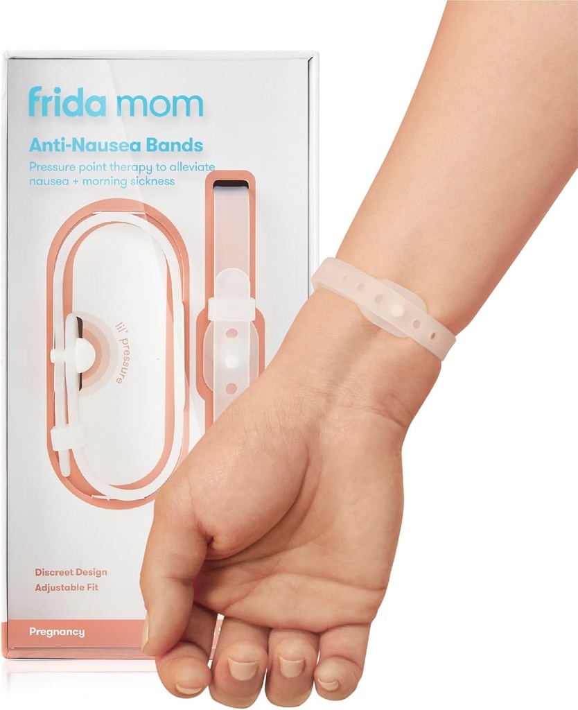 Frida mammas søvnighetsbånd for morgensykhetsrelief, 24/7 støtte gjennom trykkpunktterapi, inneholder 2 bånd og lager saken