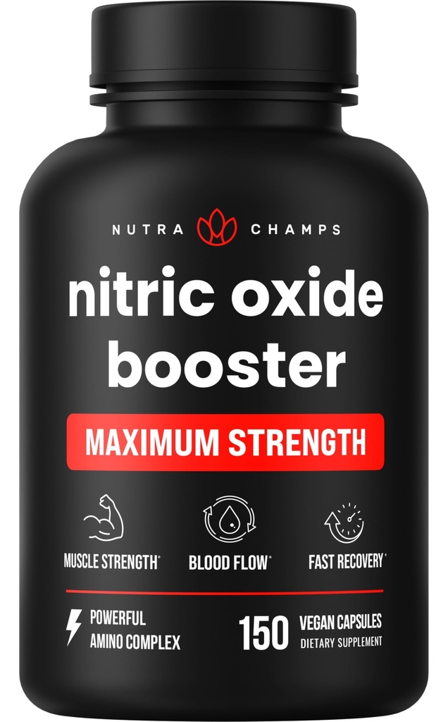 NutraChamps Nitric Oxid Supplement, L-Arginin, L Citrullin Malate, AAKG, Pine Bark, Grape Seed Extract, Ekstra styrke Nitric Oxid Booster, Nitric Oxid Pills, Styrke, Energi, Blodstrøm