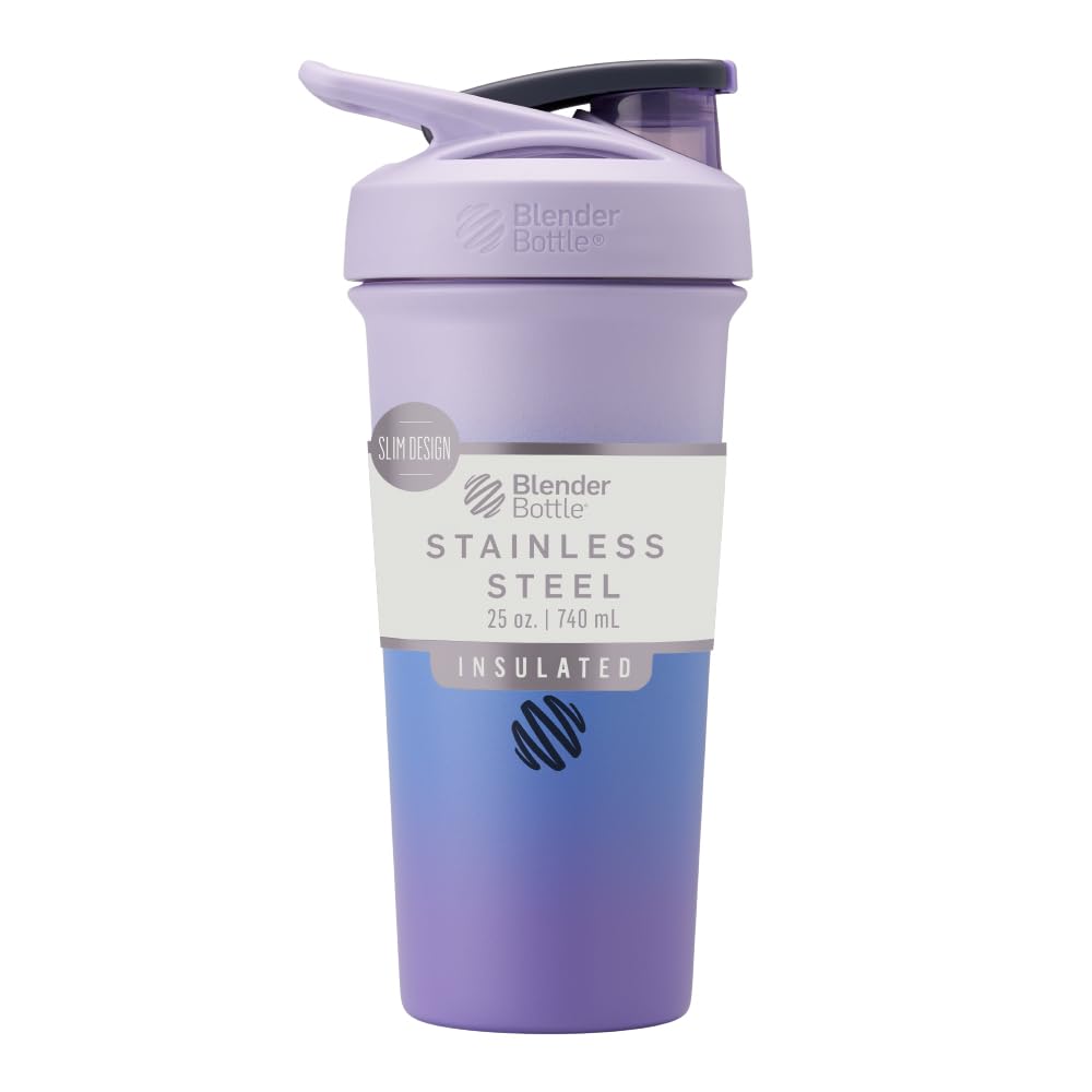 BlenderBottle Sport Sleek isolert rustfritt stål Shaker flaske med Wire Whisk, 25-Ounce, Lavender Ombre – Protein rister og hydrasjon for åleter og treningssentre, enkel blanding, Slim lett å holde, holder drikker kalde, låsbare Lid