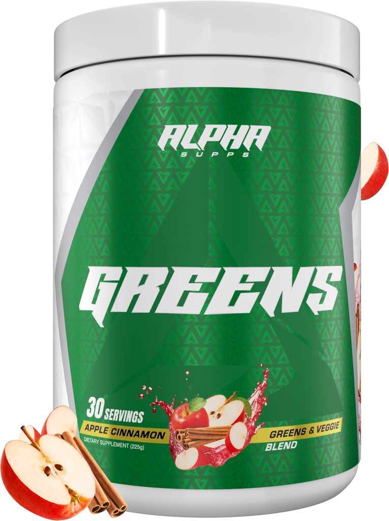Alpha Supps - Alpha Greens Supplement | Frukt og grønnsaker Superfood Powder | Over 40 naturlige plantebaserte ingredienser | Prebiotic & Probiotic Digestiv støtte blanding - 30 Services (Apple kanel)