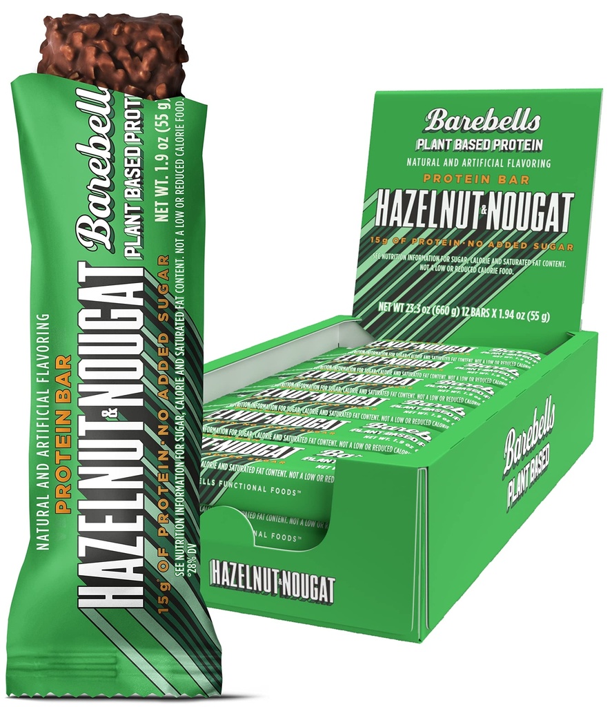 Barebells Vegansk Protein Barer Hazelnut & Nougat - 12 greve, 1,9oz Barer - Funksjoner Plant Basert Protein Bar med 15 g protein - Snacks sjokoladeprotein Snacks med bare 1 g Total Sukker - ideell for