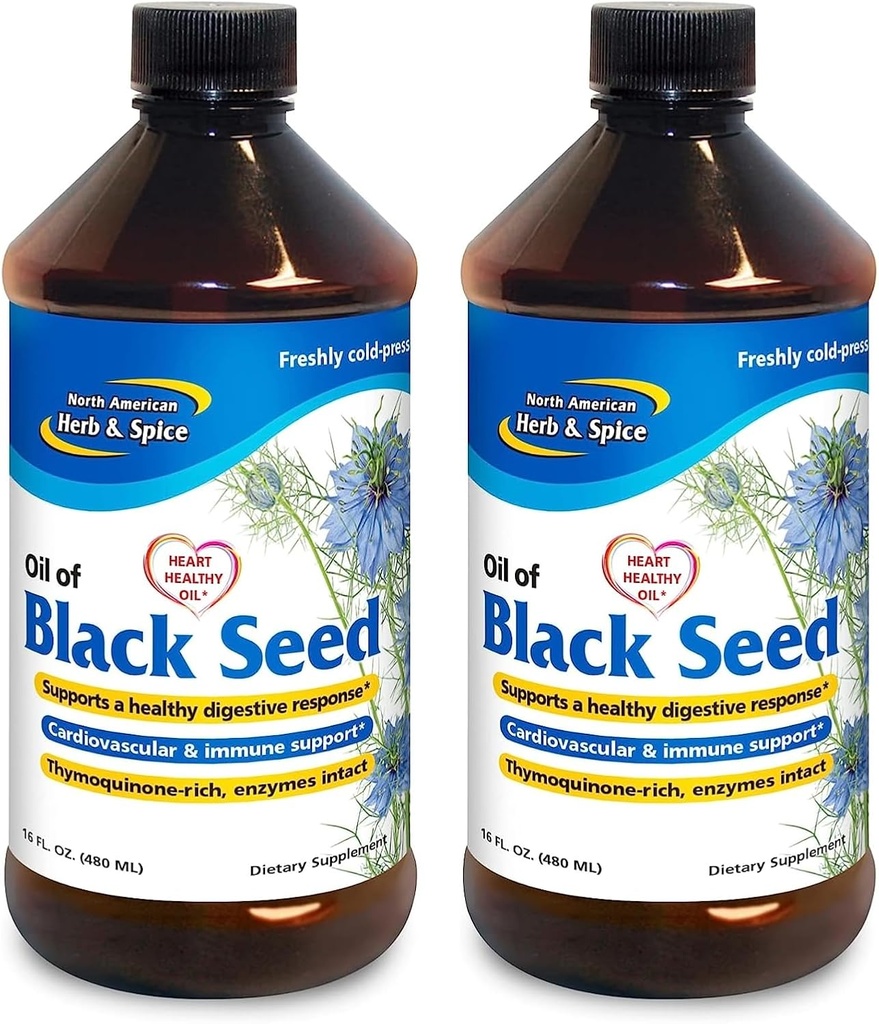 NORTH AMERICAN HERB & SPICE Black Seed Oil - 16 fl oz, Pakke med 2 - Digestiv & Immune Support - Ikke-GMO - 192 Total Services