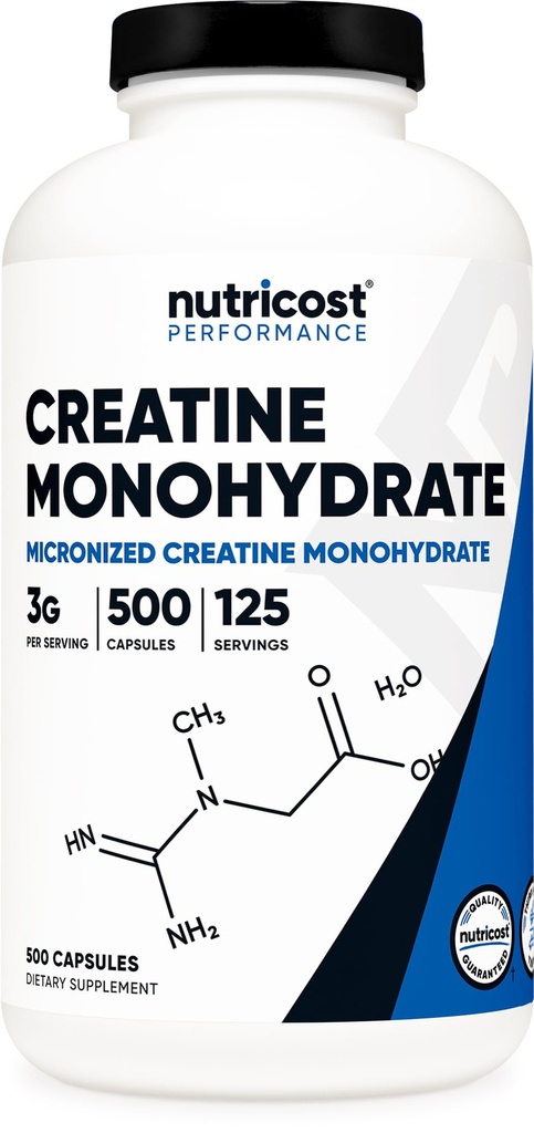 Nutricost Mikronisert Kreatin Monohydrat 3.000 mg 500 kapsler, 125 serveringer, 750 mg Kreatin Monohydrat Per Kapsel