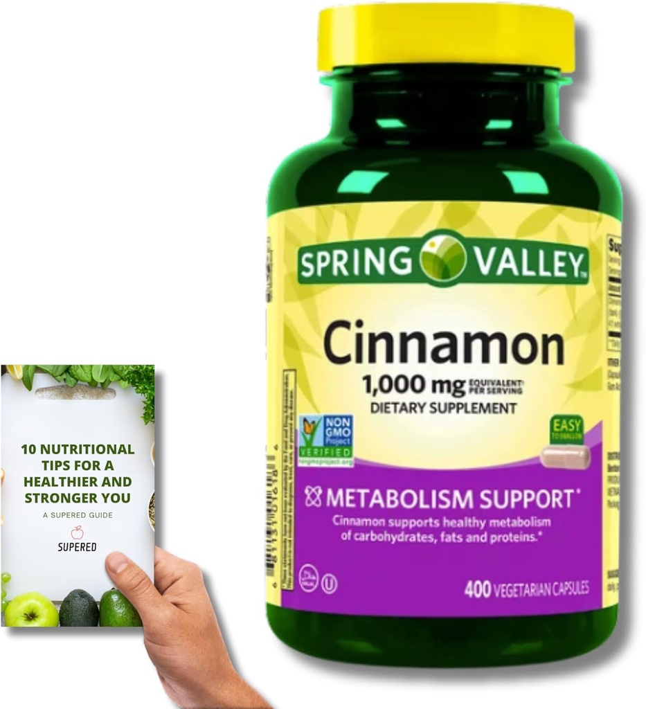 Spring Valley kanel kosttilskudd - 1000 mg, 400 vegetariske kapsler + 'Nutricional Guide'