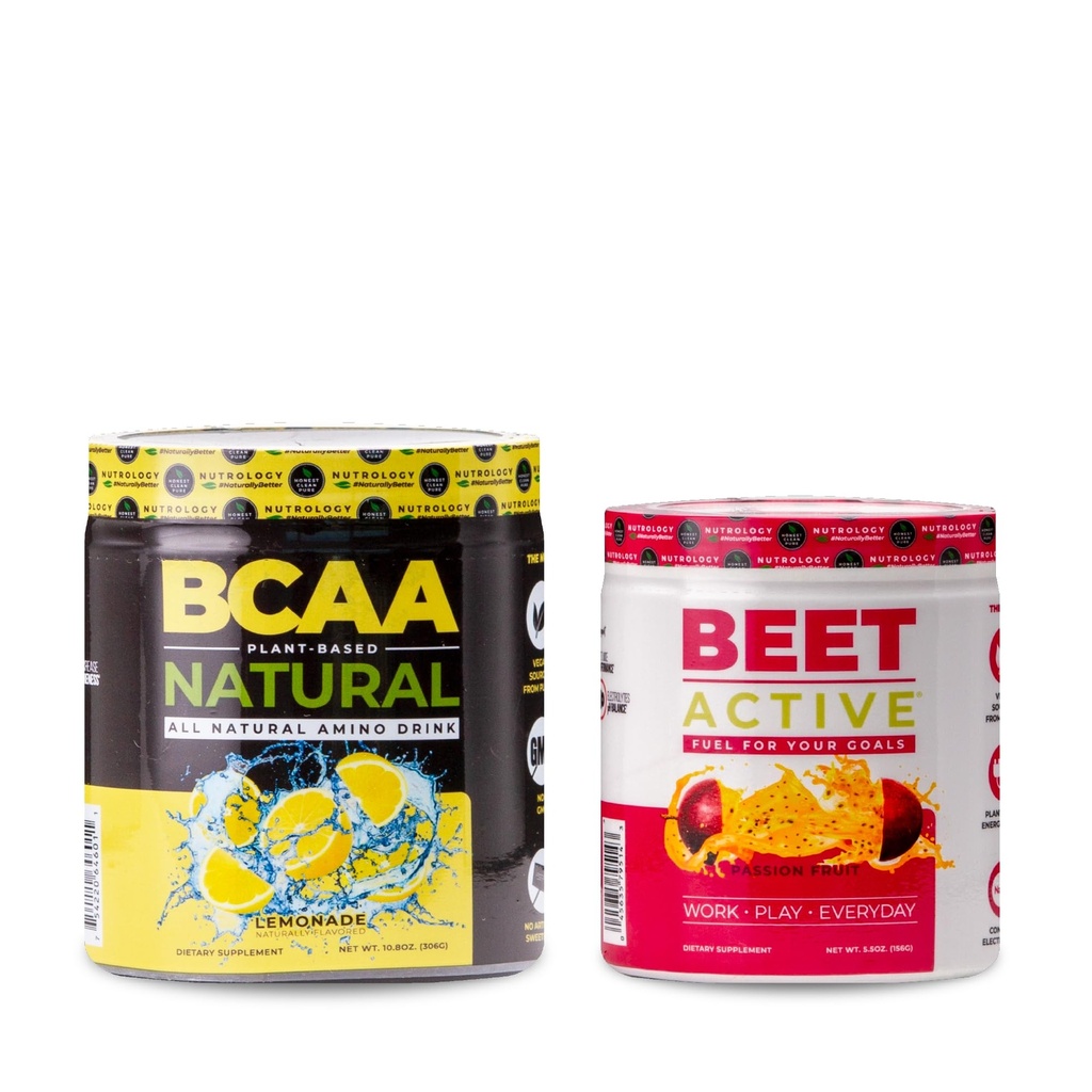 Nutrologi BCAA Naturlig, Plante Basert BCAA pulver, Lemonade Flavor (30 Serveringer) Beet aktiv, Naturlig Pre-Workout pulver, Passion Fruit Flavor (30 Serveringer)