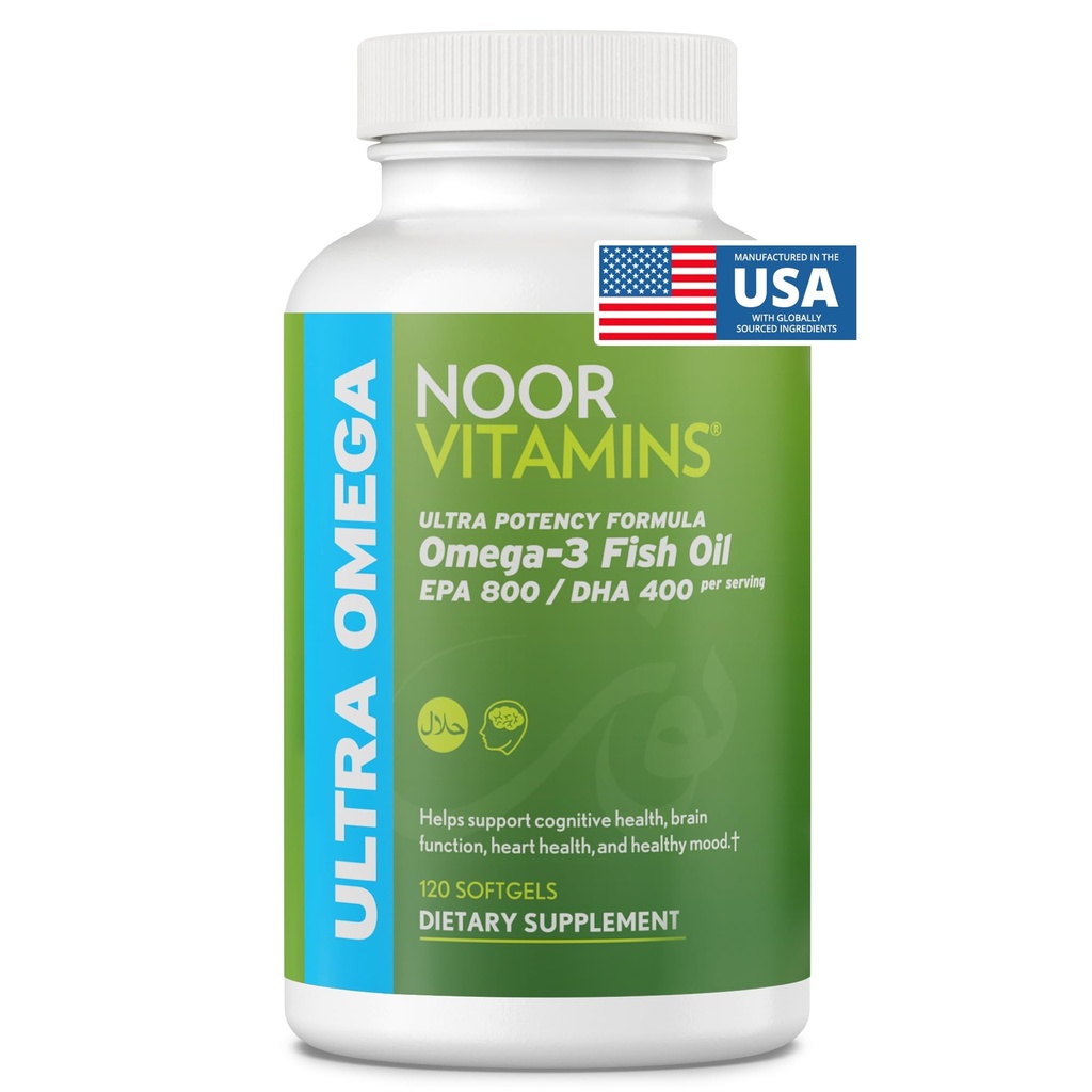 Noor vitaminer Halal fiskeolje, Halal vitaminer, Ultra Omega 3 Wild Peruvian fisk (800 mg EPA og 400 mg DHA) hjerte, hjerne og felles støtte, ikke-GMO og glutenfri (120 antall)