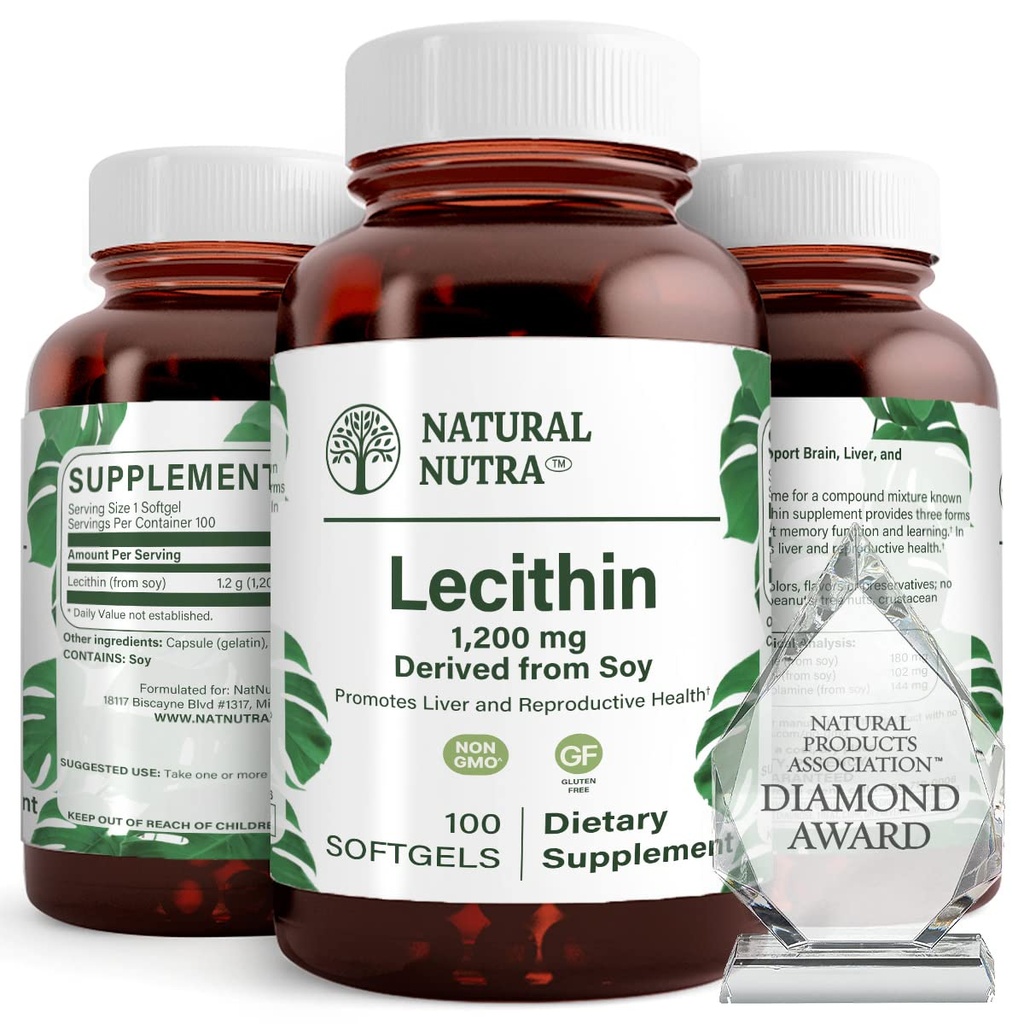 Naturlig Nutra Soya Lecithin 1200 mg kosttilskudd - Hjernefunksjon, lever helse, Hepls bryst helse, minne øker kosttilskudd - Glutenfri, BPA-fri, 100 Softgels i resirkulerbare glassflasker