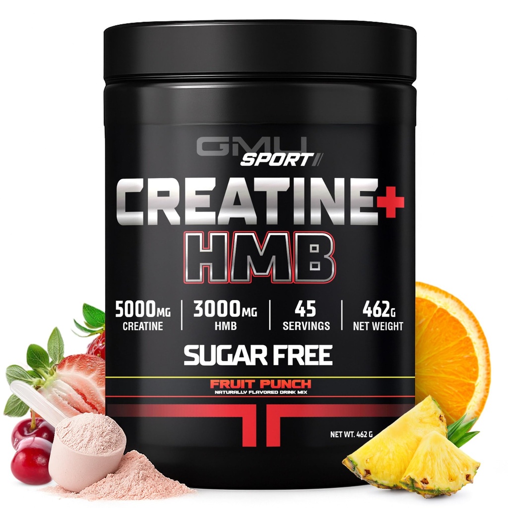 MMU SPORT - Kreatin Monohydrat med HMB pulver - 45 Serveringer, Kreatin HMB Kosttilskudd, Kreatin med HMB for økt styrke, muskelvekst og forbedret energi, 3G HMB/Fruit Punch