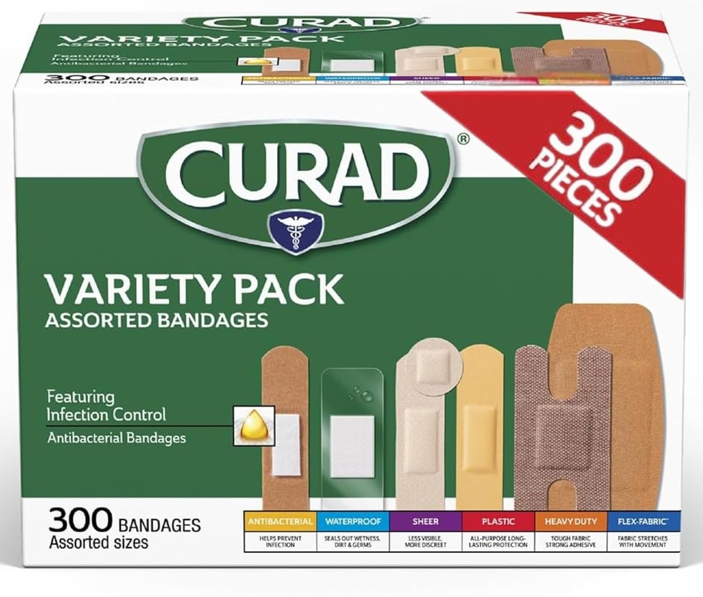 CURAD Assortert Bandages Variety Pack, 300 greve, 6 stiler inkludert antibakteriell, vanntett, skinne, plast, tunge plikter og fleks-fabric, beskytter Scrapes, Cuts & Burns, Latex-Free