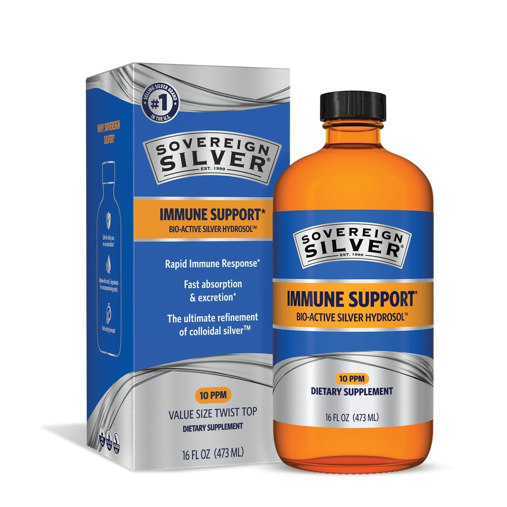 Suverene Silver Bio-Active Silver Hydrosol for immunsupport - Colloidal Silver Liquid - 10 ppm, 16oz (473ml) - Verdistørrelse