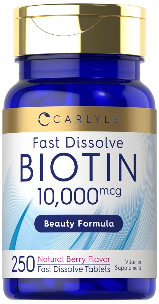 Carlyle Biotin 10000mcg | 250 Hurtigoppløselige tabletter | Maks styrke | Vegetarisk, ikke-GMO, Glutenfri Supplement
