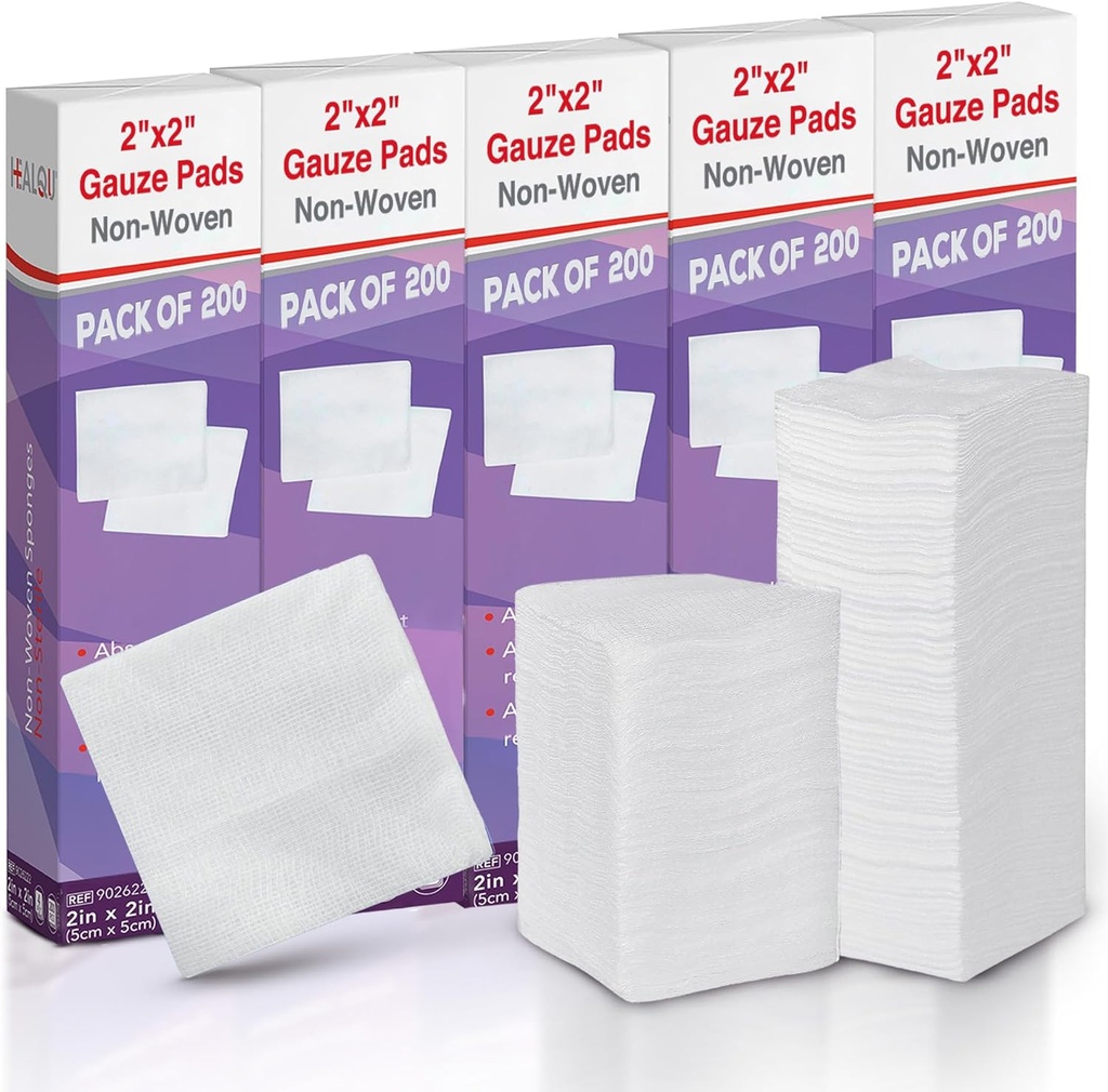 HEALQU 1000 Gauze Pads 2x2" - myk ikke-vevde 4-Ply for tannutvinning og tannprosedyrer - ikke-sterile firkantsponger for førstehjelp, kirurgisk, og sårkjoler (5 pakker på 200)