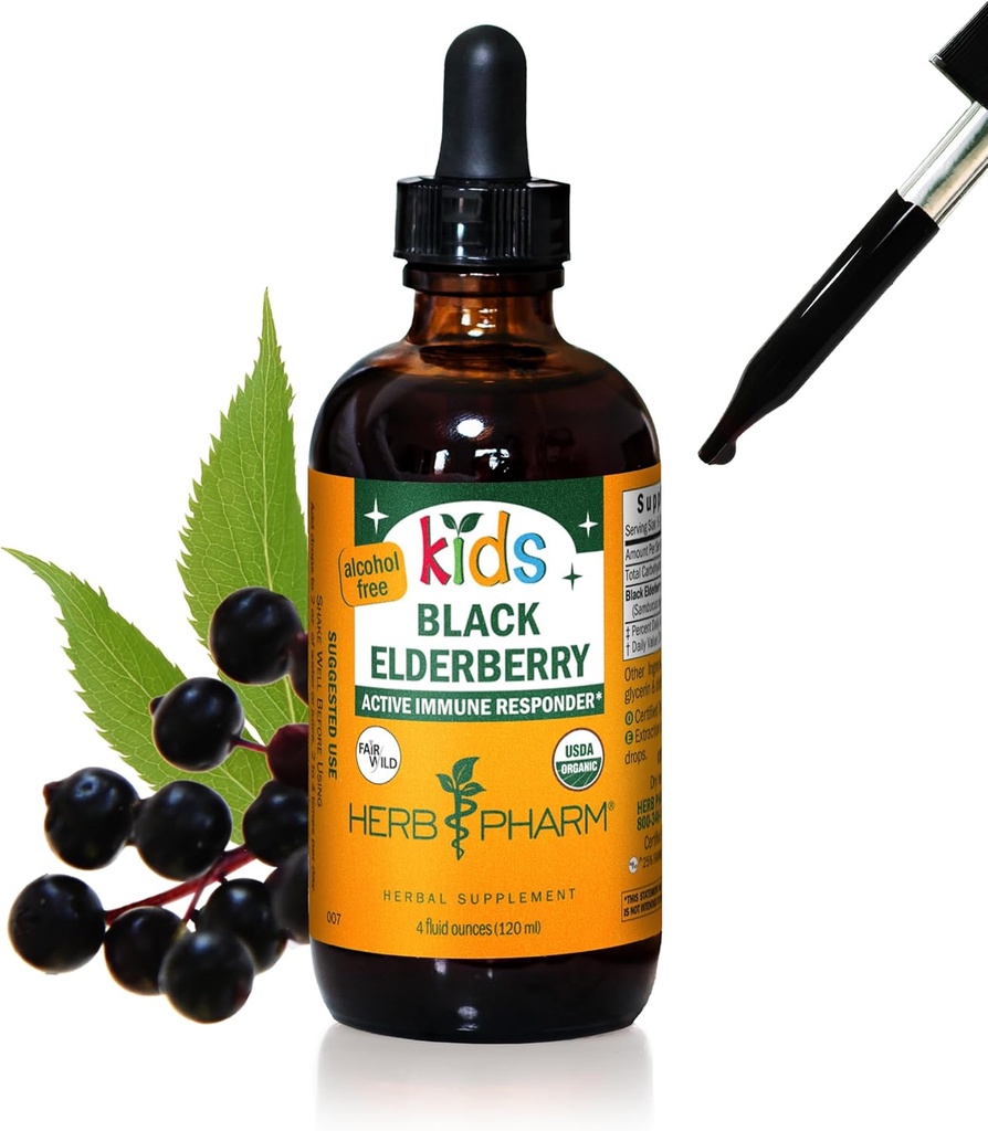 Herb Pharm Kids Certified-Organic alkohol-fri svart eldrebær glyseritt flytende ekstrakt, 4 Ounce
