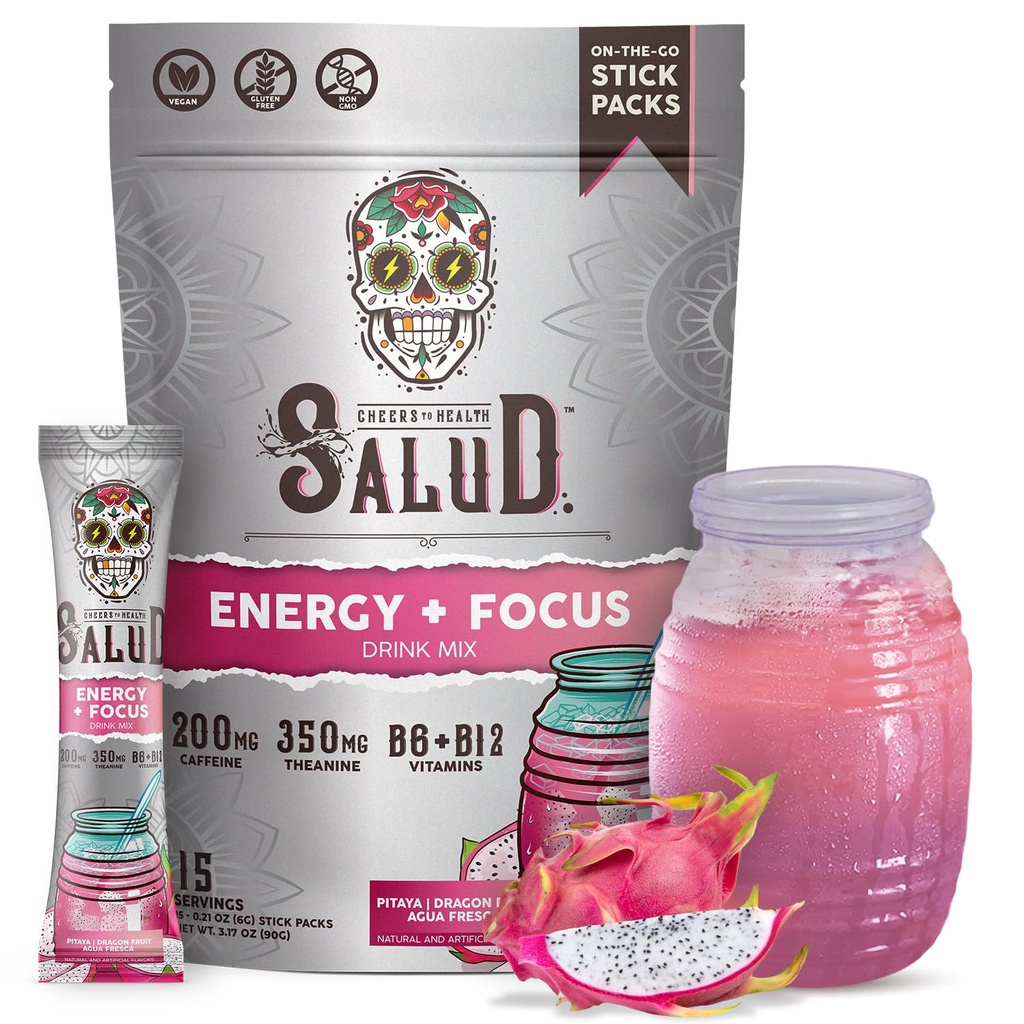 Salud 2-i-1 energi drikke pulver + fokus, Dragon frukt, organisk koffein, B6 + B12, teanin, ren energi drikke pakker, Pitaya Agua Fresca blanding, ikke-GMO, Glutenfri, Vegan, 1 g sukker, (15 porsjoner)