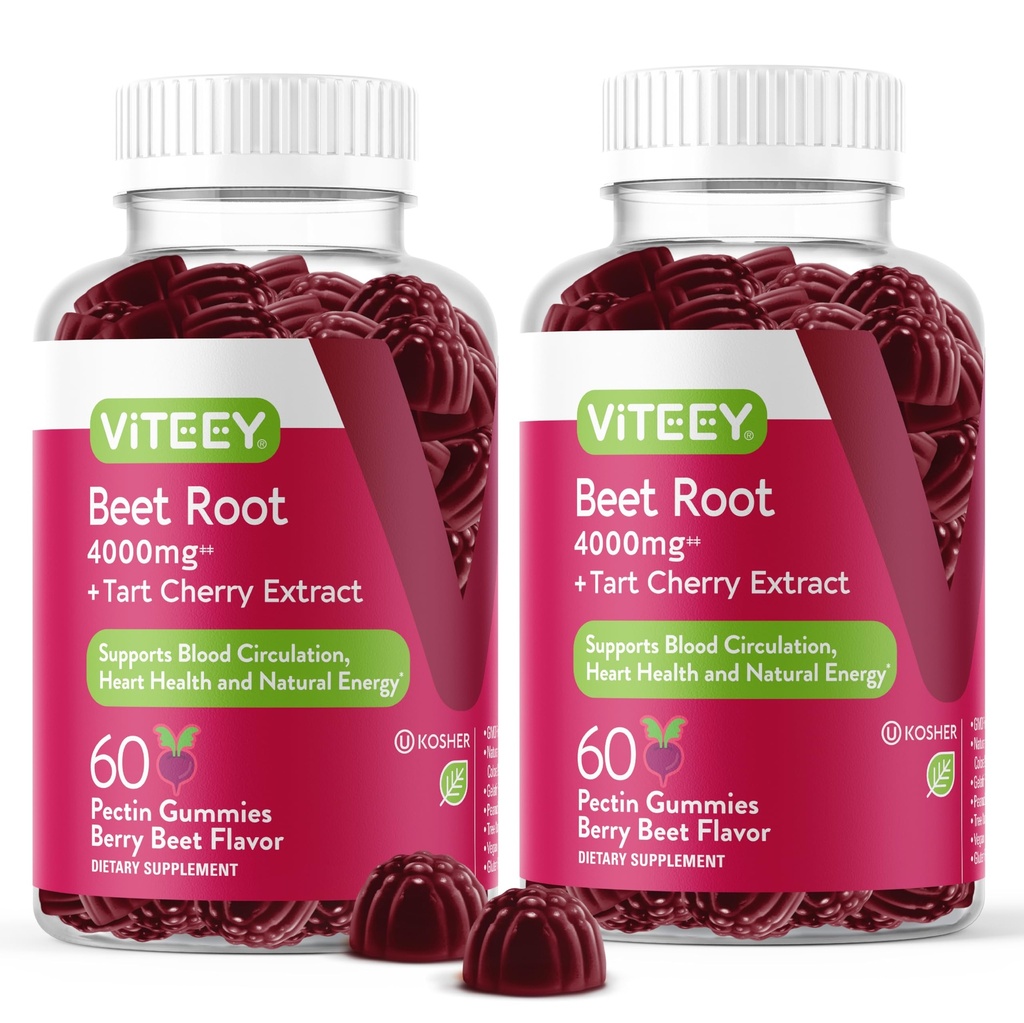 Viteey Beet Root Gummies med Tart Cherry - Beetroot Supplement for hjertehelse, blodtrykksstøtte - Vegan, Glutenfri - 120 greve