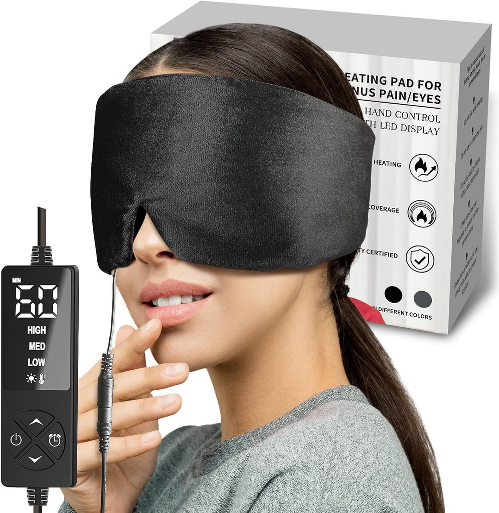 Sticro Heated Eye Maske med ekstra stor størrelse for tørre øyne og sinus trykk relief, ultra mykt ansiktsoppvarming pad for strekk hodepine relief, Jaw TMJ smerte relief - 3 varme og 5 Timing innstillinger (svart)