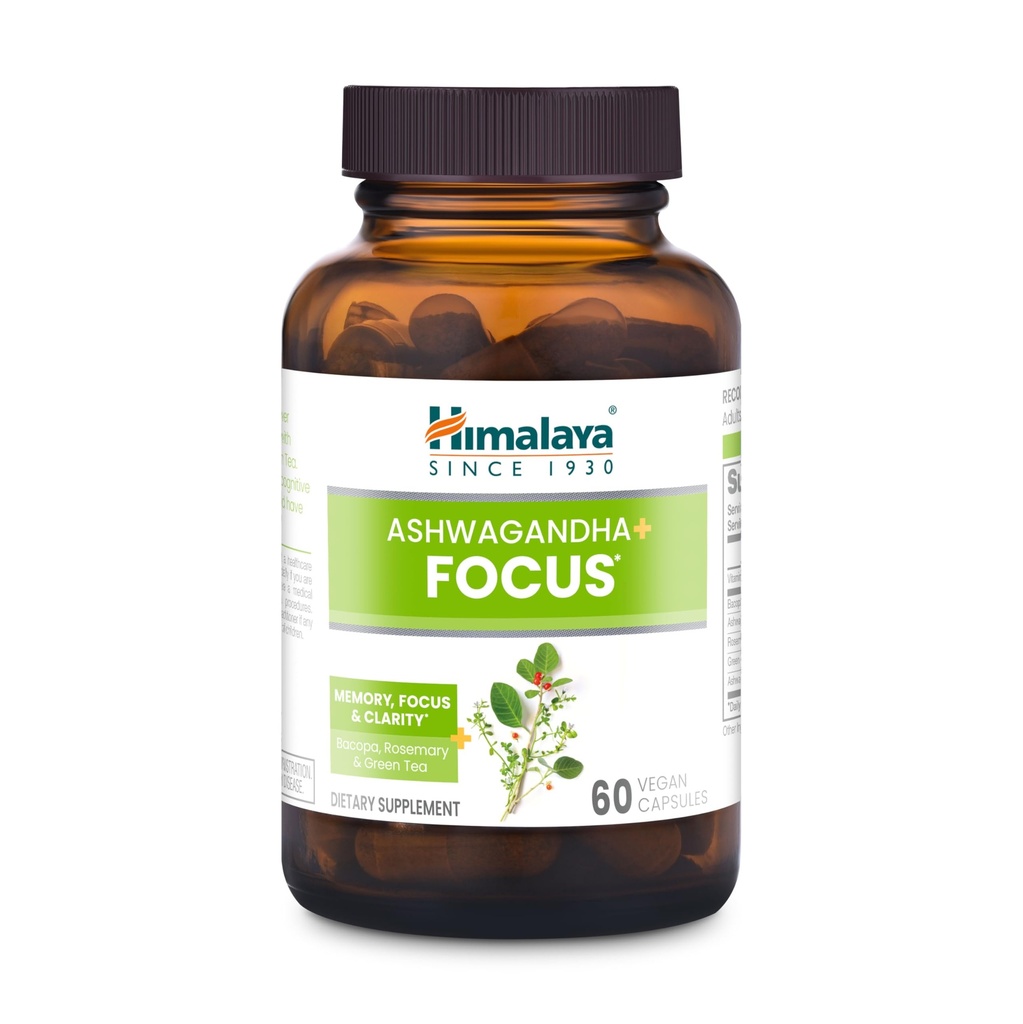 Himalaya Ashwagandha + Focus - Herbal Focus Supplement med B12, Rosemary, Grønn Te og Bacopa Nootropics for minne og klarhet - Vegansk, ikke-GMO, Glutenfri, 1690 mg, 60 Caplets
