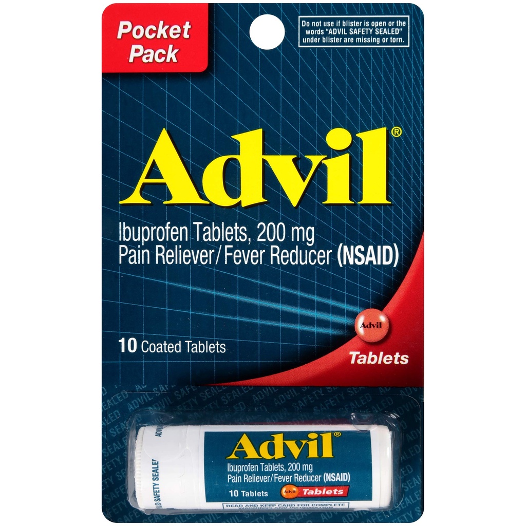 Advil Coated Tabletter Smerte Reliever og Feber Reducer, Ibuprofen 200 mg, 4 x 10 Count Vital, Hurtig smertelindring, Pocket Pack