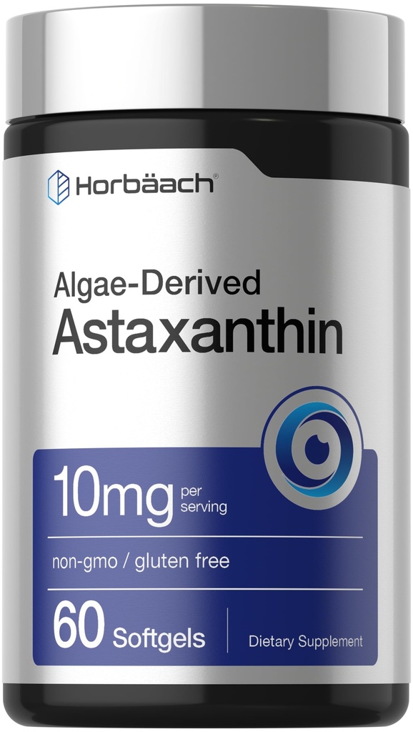 Horbäach Astaxanthin Kosttilskudd | 10 mg | 60 Softgels | Algae Avleidd formel | Ikke-GMO, Glutenfri