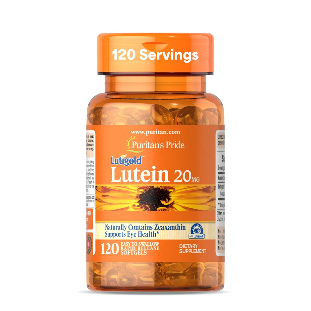 Puritans Pride Premium LutigoldTM Lutein Carotenoid 20 mg med Zeaxanthin for menn og kvinner, Diett Supplement for øyehelse støtte, 8 måneders forsyning, 120 lett å svelge Softgels