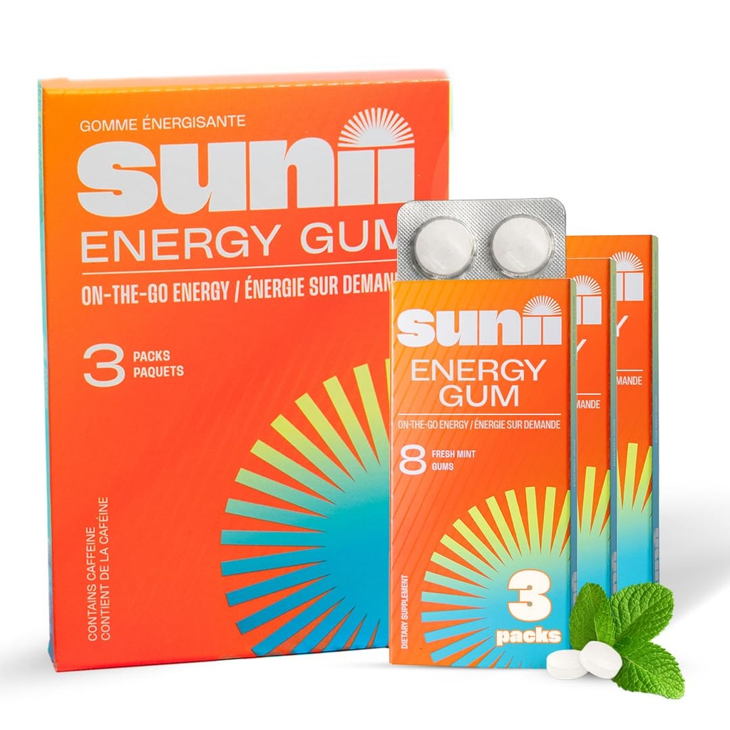 SUNII ENERGY GUM - New Quick Boost Energy & Focus - 50mg Caffeine Gum -Vitamins B6 & B12, Taurin, Vegansk, Ingen sukker, No Calorie, Fresh Mint Taste - Raskere enn Chews, Drinks, Gels & piller (24pcs)