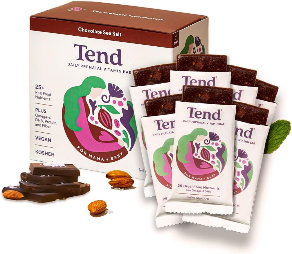 Tend Daglig Best Prenatal Vitamin Bar, laget med organiske ingredienser for gravide og postpartum mødre, inkluderer DHA, vitamin D, B, Choline, Folat - Sjokolade Sea Salt (7ct)