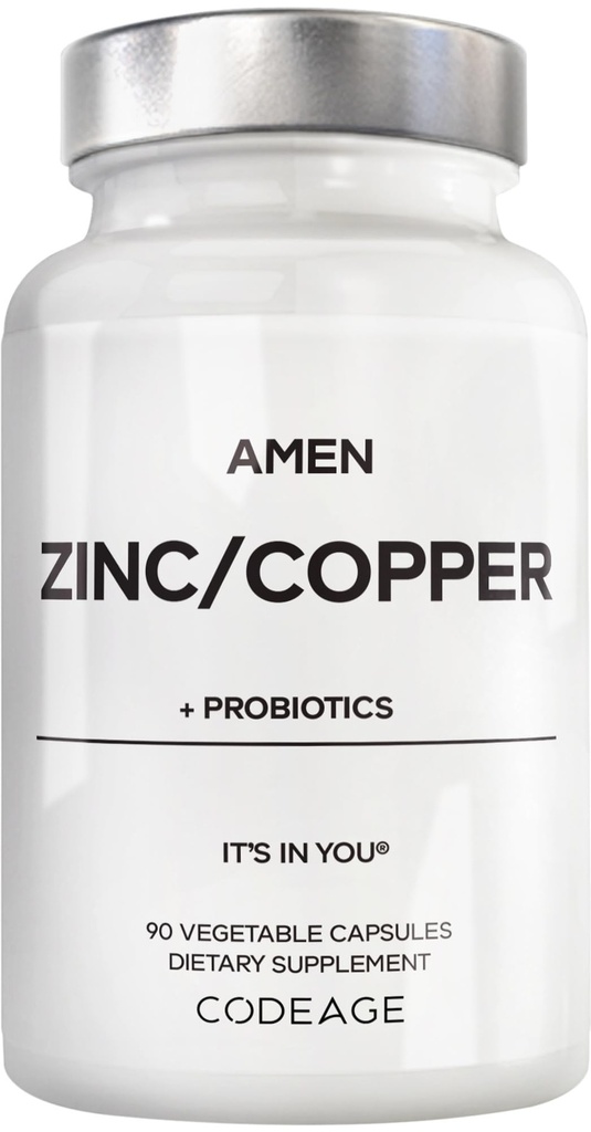 Amen Sink & Kobber Supplement + Probiotika, 3 måneders forsyning, En per dag - 50 mg Zink Picolinat Vitamin piller - essensielle Mineraler Kosttilskudd - 2 milliarder CFUs Probiotika - Vegan, ikke-GMO, 90 kapsler