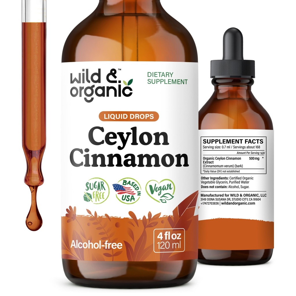 Wild & Organic Ceylon Cinnamon Tinkture 500 mg - flytende kaneltilskudd for total støtte - kanel Verum Bark Extract - Vegansk, sukker og alkoholfri, ikke-GMO - 4 fl oz