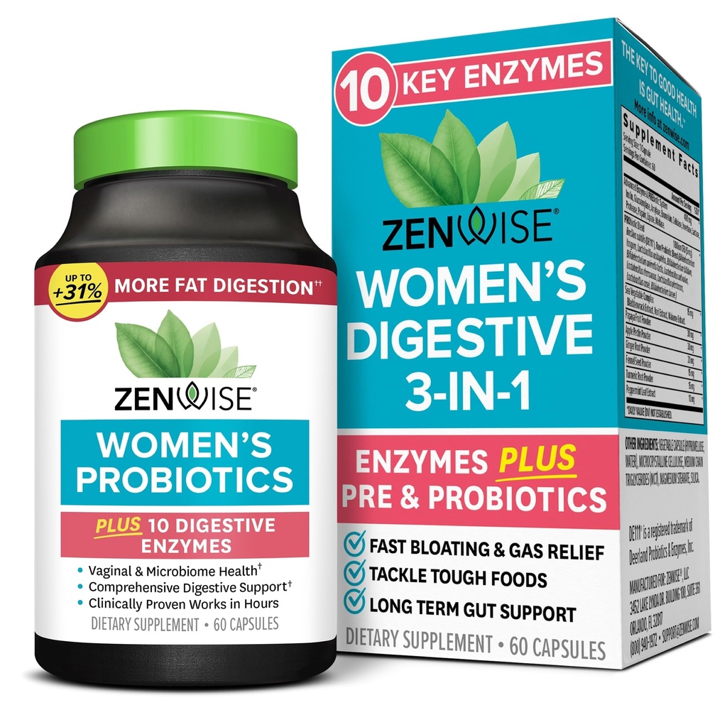 Zenwise Helse 3-i-1 Kvinners Probiotiske Supplement for Digestive, Gut Flora & Vaginal Helse - Daglige Probiotika og Prebiotika for kvinner med Digestive Enzymer støtter Bloating & Gass Relief - 60 Count