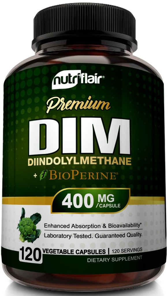 NutriFlair DIM Supplement 400mg med Bioperin, 120 kapsler - Diindolylmetan - Estrogenmetabolisme støtte og hormonbalanse, Menopause, PCOS, Acne og hudpleie for menn og kvinner - Sammenlign med 300mg