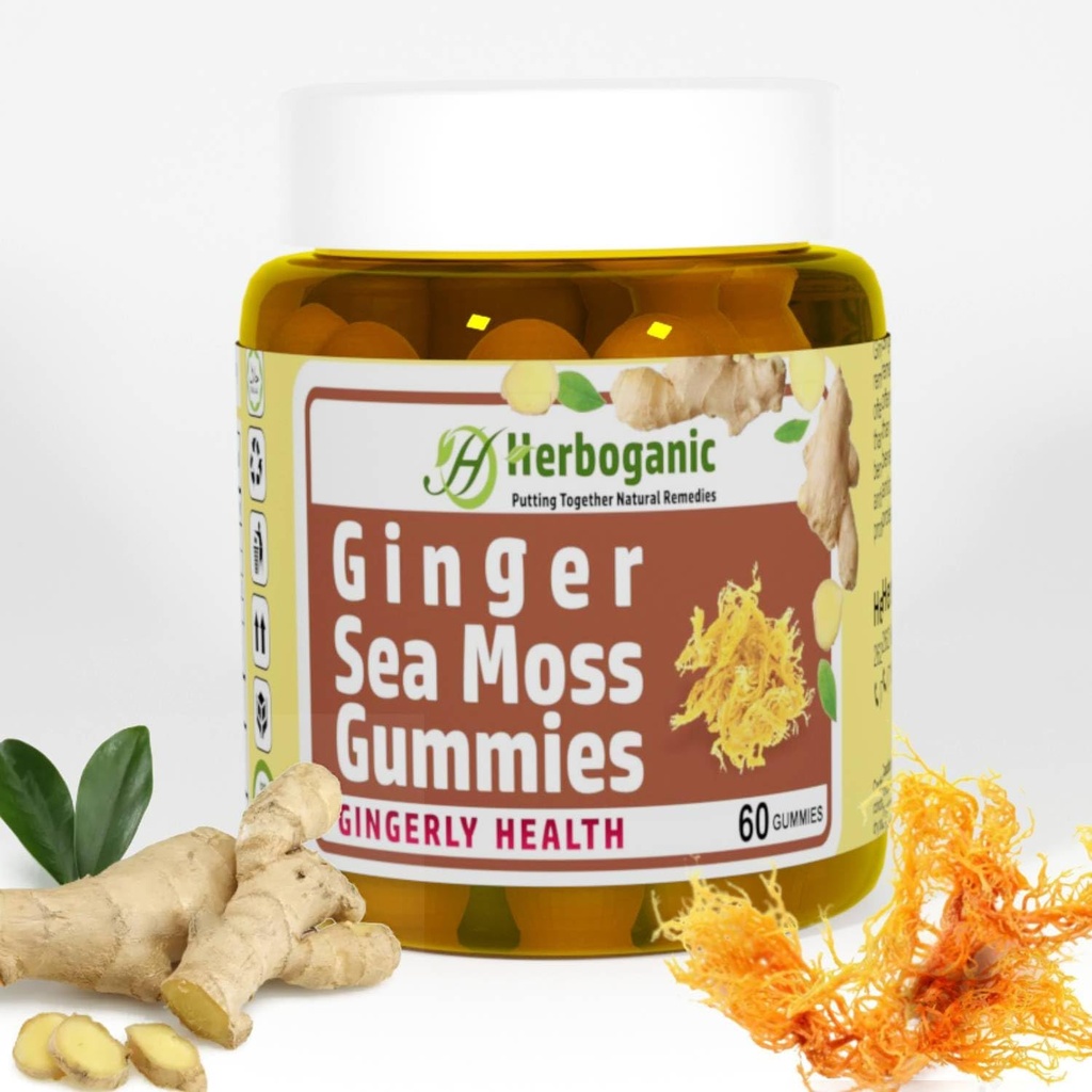 HERBOGANIC Ginger Sea Moss Gummies - Herbal støtte for immun- og digestiv helse - Plantedrevet, Glutenfri og vegansk-vennlig - 60 Count