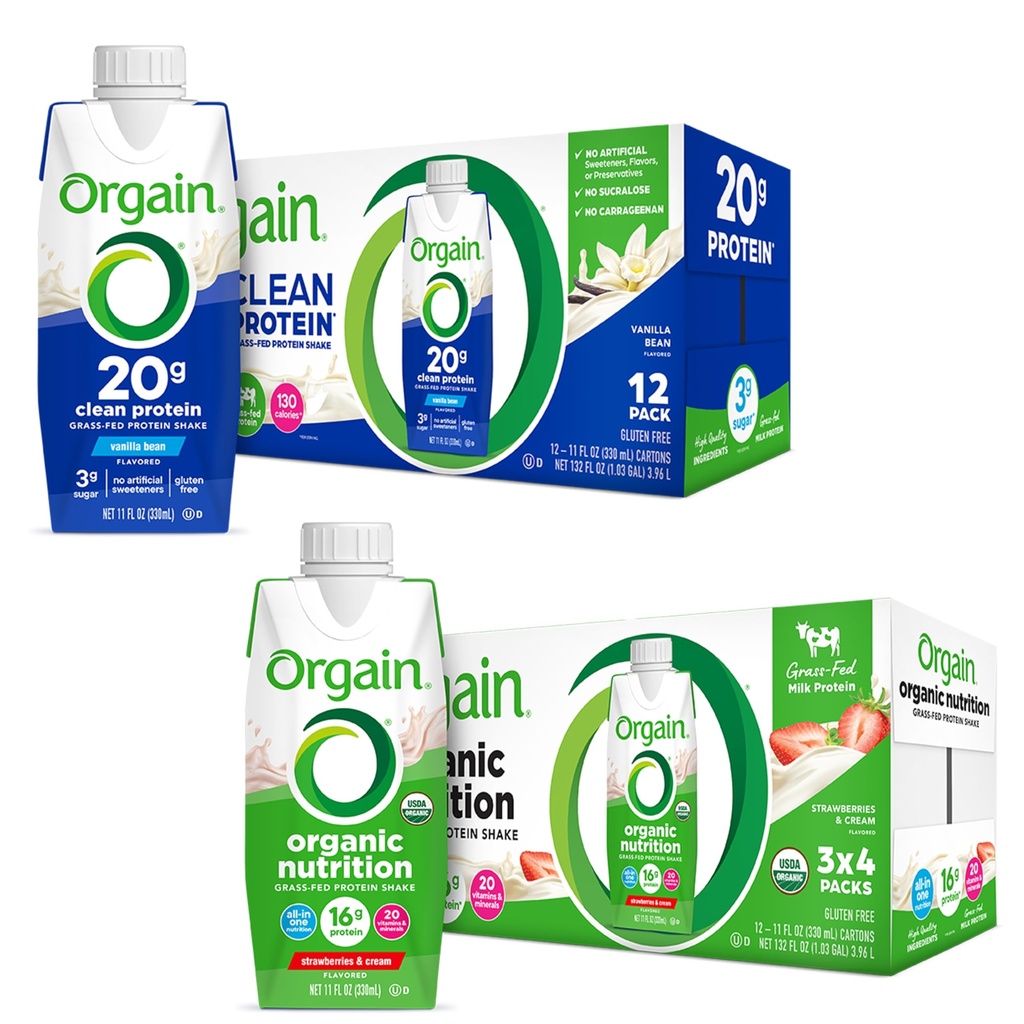 Orgain Clean Protein Shake, Grass Fed Dairy, Vanilla Bean (pakke med 12) og Orgain Organic Nutritional Protein Shake, Jordbær og Krem (pakke med 12)