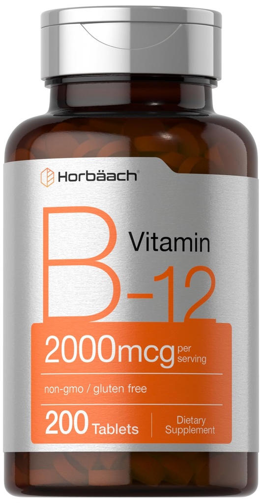 Horbäach B12 Vitamin 2000 mcg | 200 tabletter | Vegetarisk kosttilskudd | Ikke-GMO & Glutenfri