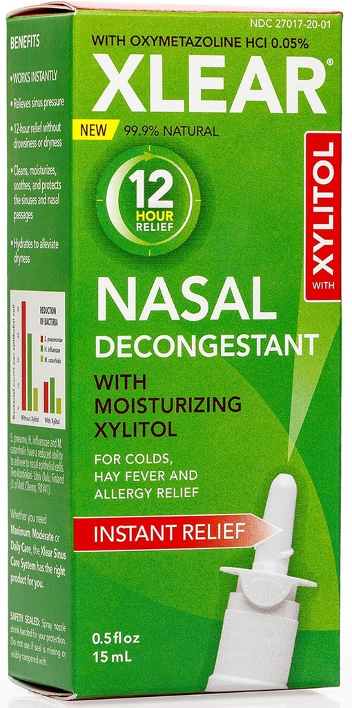 Xlear 12-timers naturlig saltvannssprøyte med Xylitol og oxymetazolin, Instant Sinus Pressure and Congestion Relief for barn og voksne 0.5 fl oz (Pack of 3)