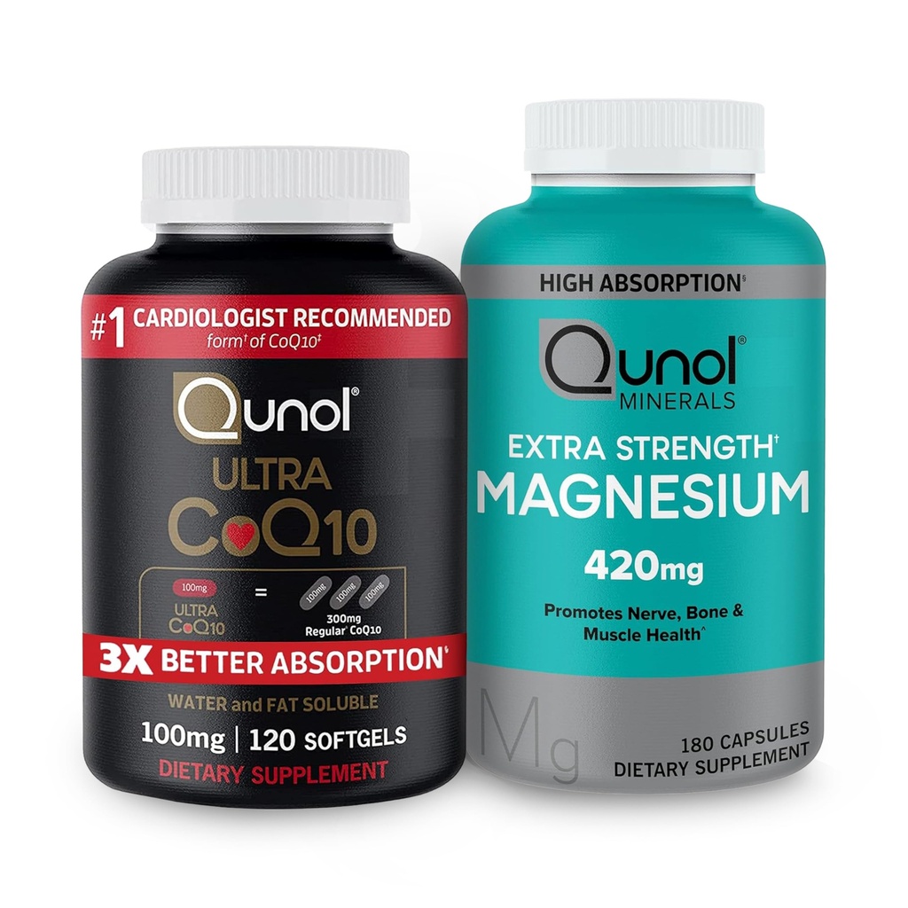 Qunol CoQ10 100mg Softgels, 3X bedre absorpsjon 4 måneds forsyning + 120 Count Magnesium Glycinate kapsler 420mg, høy absorpsjon Magnesium Supplement, 180 greve