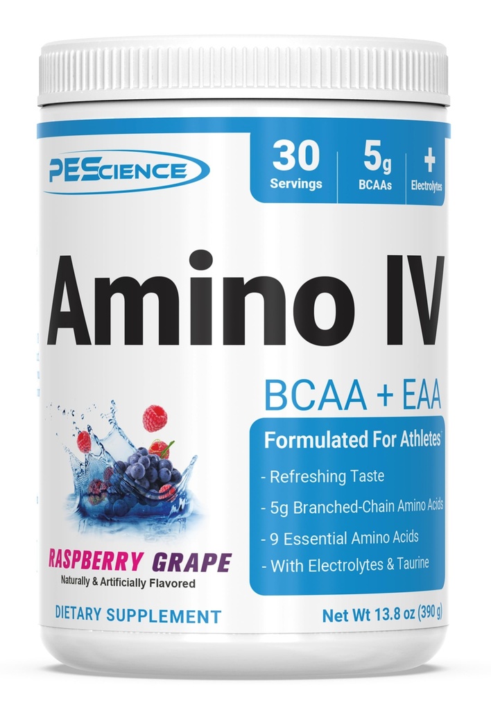 PEScience Amino IV BCAA & EAA pulver, essensielle aminosyrer, Taurin, elektrolyter for Hydrasjon og muskel gjenoppretting, sukker gratis for menn og kvinner, post trening - bringebær Grape - 30 serveringer