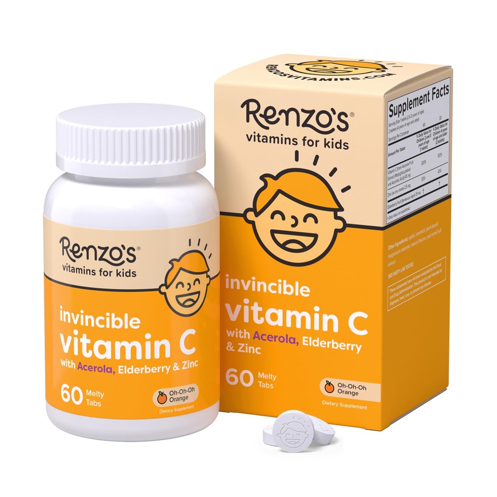 Renzos uovervinnelige vitamin C for barn med eldrebær og sink, løselige Kids Vitaminer for immunstøtte, 60 Orange-flavored Melty Tabs