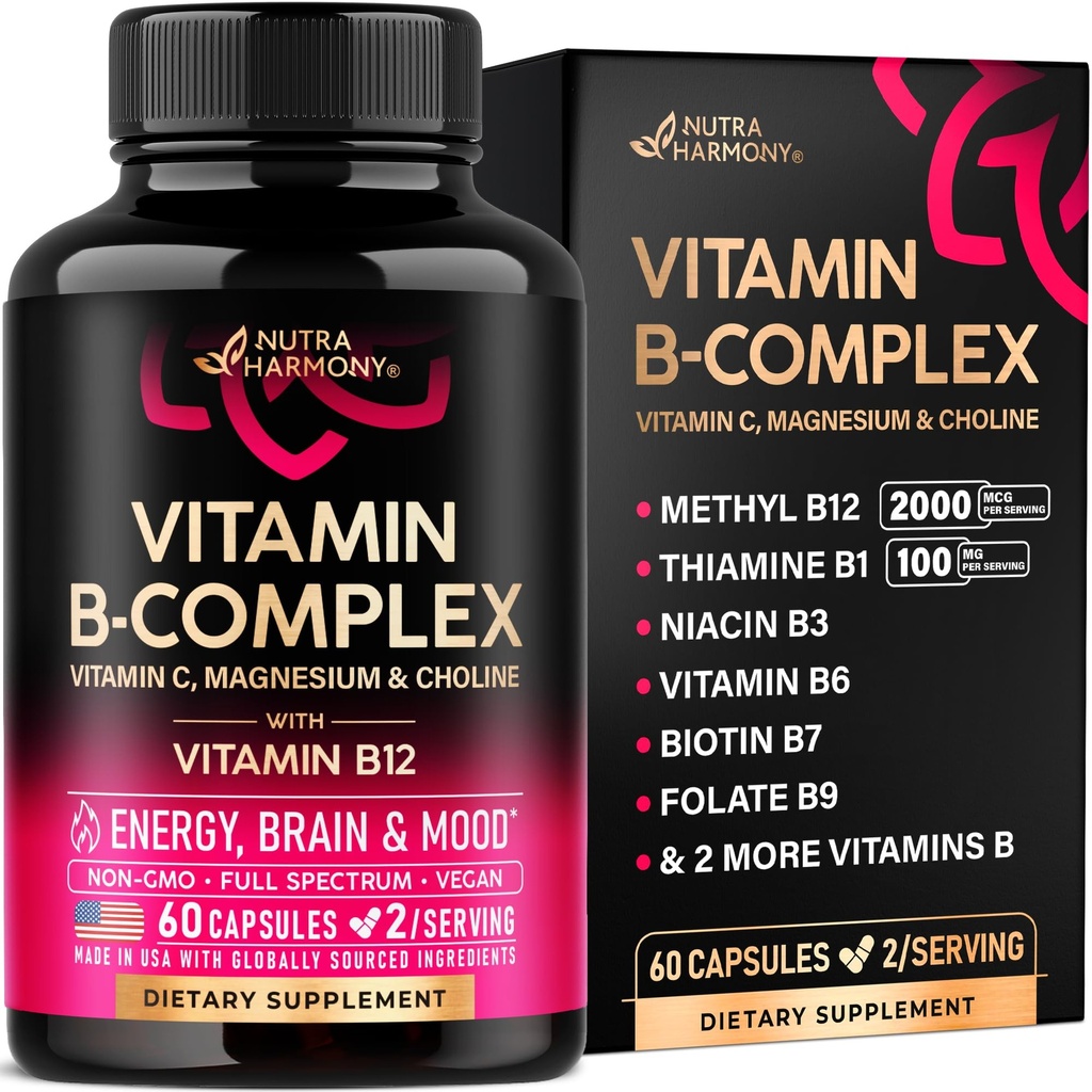Vitamin B-kompleks for menn og kvinner - Riboflavin B2, B12, B1, B3, B5, B6, B7, B8, B9 | Vitamin C, Choline, Inositol - B-Complex Supplement - Energi, hjerne og hjerte støtte - laget i USA, 60 Vegan Caps