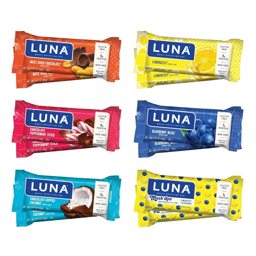 LUNA Bar - Variety Pack - 6 Flavors - Snack Bars - Ikke-GMO - Glutenfri Protein Bars - laget med økologisk havre (12 Pack)