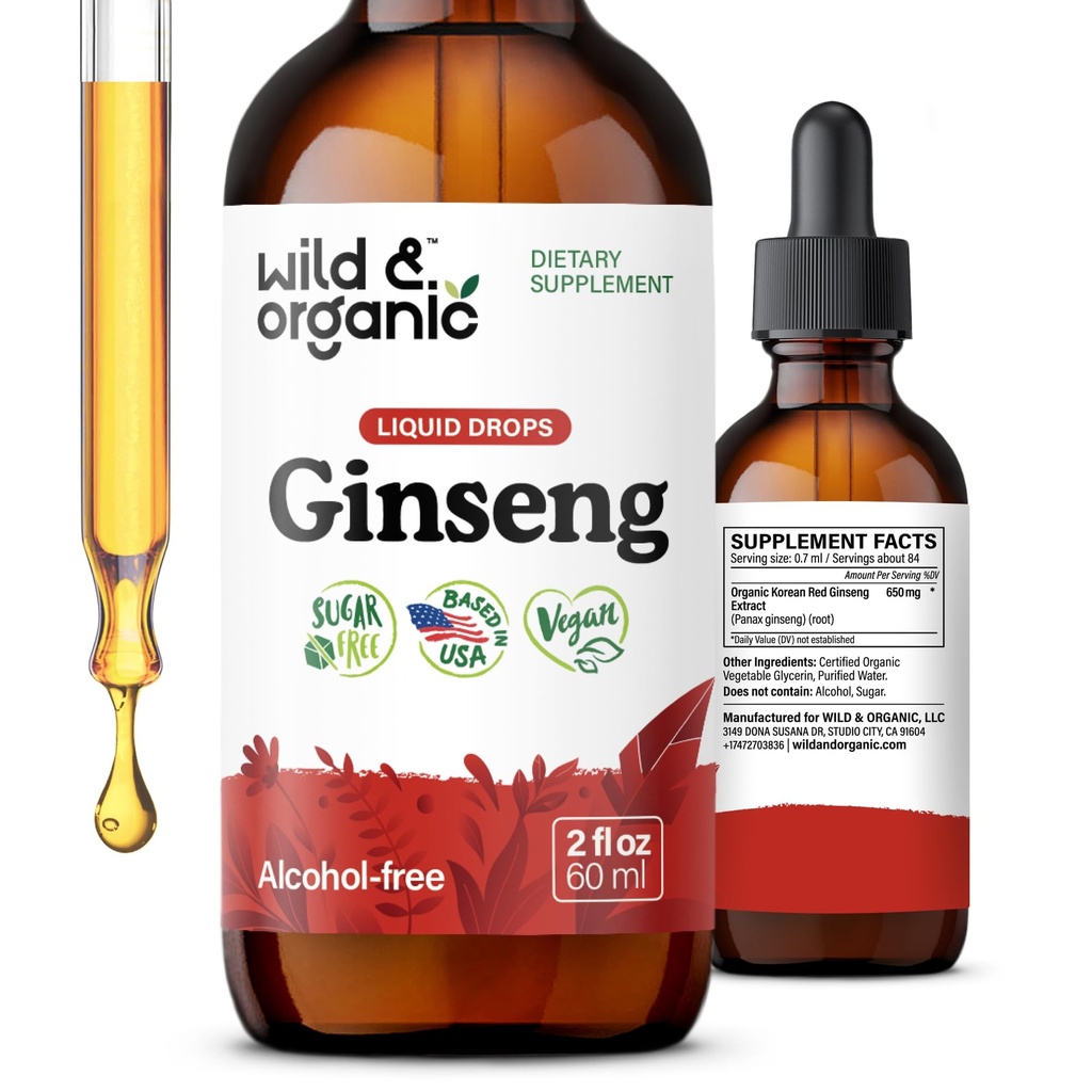 Wild & Organic koreansk rød ginseng ekstrakt dråper - Panax Ginseng Supplement for immunstøtte - flytende rot tinktur for total velvære - vegansk, sukker og alkohol-fri - 2 fl oz