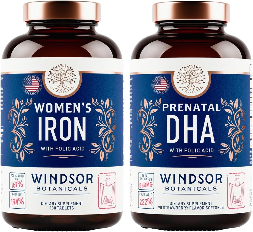 WINDSOR BOTANICALS Prenatal DHA og jernpiller for kvinner med folsyre - Prenatal vitamin Bundle
