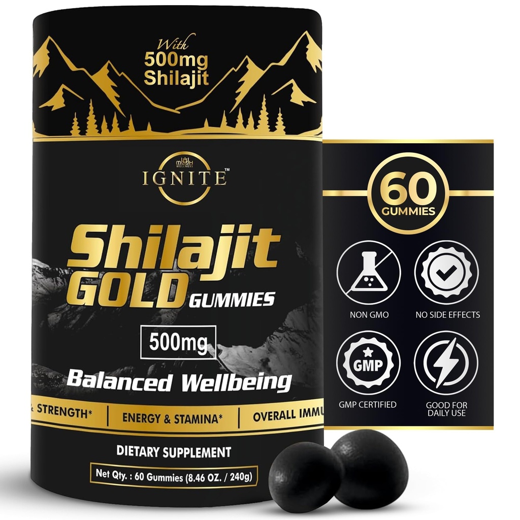 Pure Himalayan Shilajit Gummies – 75 %+ Fulvsyre, høy styrke gull grad – blanding for energi, vitalitet og immun støtte, reise - vennlig, Tamarind Flavor – 60 Gummies
