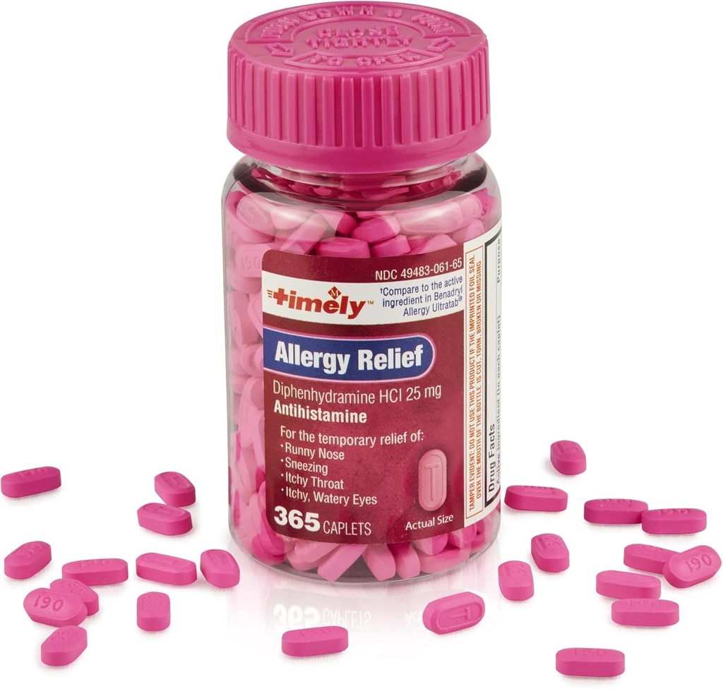 Tidlig Allergy Relief Diphenhydramine HCl 25 mg - 365 Caplets - Sammenlignet med Benadryl Allergy Ultratab - Antihistamin - Allergy Medisin - Runny Nose Relief for voksne - Vannige øyne Behandling