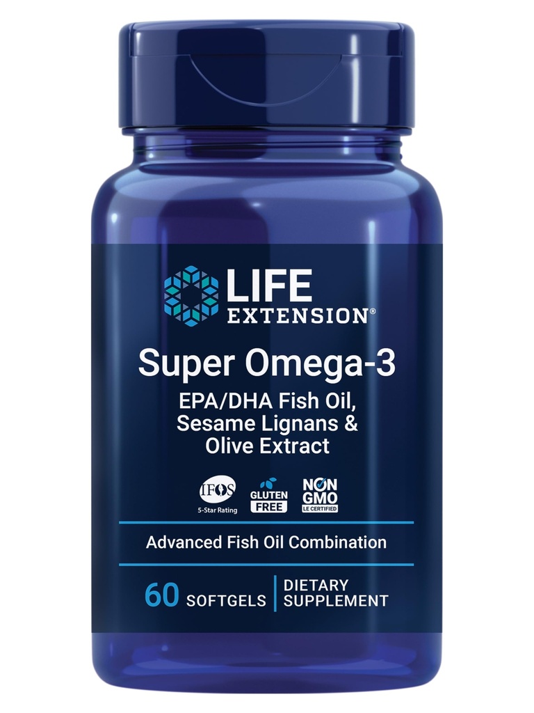 Livsforlengelse Super Omega-3 EPA/DHA Fish Oil, Sesame Lignans & Olive Extract - hjertehelse, hjernehelse, inflammasjon helsestøtte, kolesterol helsestøtte, Glutenfri, ikke-GMO, 60 Softgels