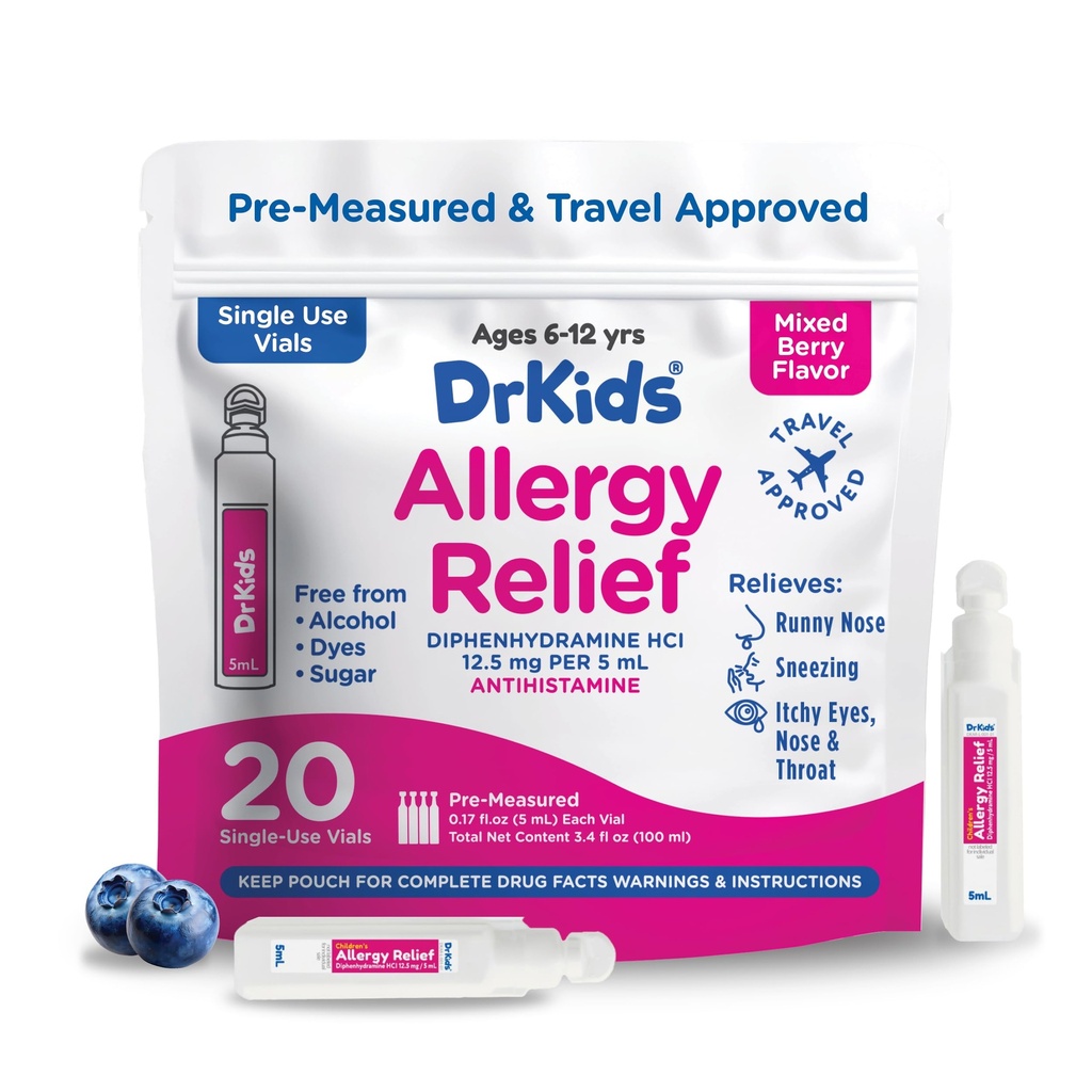 Dr. Kids Barns Allergi Relief Med Diphenhydramine - Førmålt enkeltbruksglass, Kids Antihistamine For Sneezing, Runny Nese og kløe øyne, Blandet Berry Flavor, 20 greve (pakke av 1)