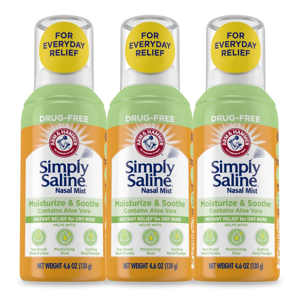 Arm & Hammer Bare saltvannsforstøv og soothe nasal miste, rusmiddelfri moisturizing saltvannssprøyte for øyeblikkelig lindring for tørr nese, 4,6 Oz (130 g), 3 pakke