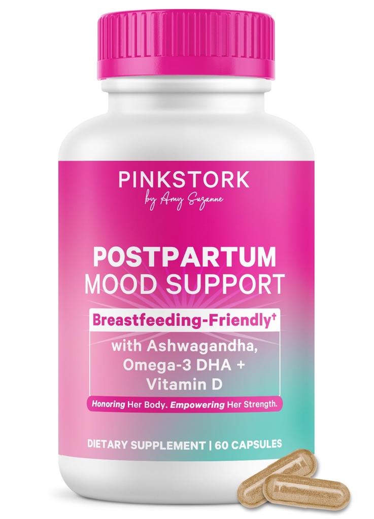 Pink Stork Postpartum Mood Support - Postnatal Hormon Balanse for kvinner - Brystervennlig - Stress & Kognitiv støtte, New Mom Essentials - Ashwagandha, Kamille, & vitamin D, 60 Kapsler