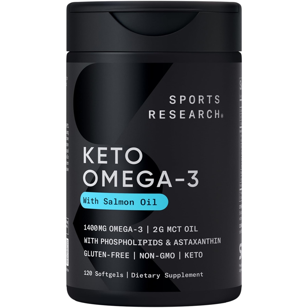 Sports Research® Keto Omega Fish Oil 1400mg - Full Spectrum Omega-3 blanding med Astaxanthin & Coconut MCT olje - Keto sertifisert, Soja & Glutenfri (120 Softgels)
