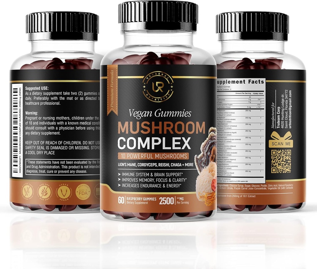 Mushroom Gummies ® 10 Mushroom Supplement ® 2500mg Tyrkia Tail, Chaga, Reishi, Cordyceps & Lions Mane Organic Mushroom Extracts, Nootropic Brain Booster (180 greve (Pack of 3))